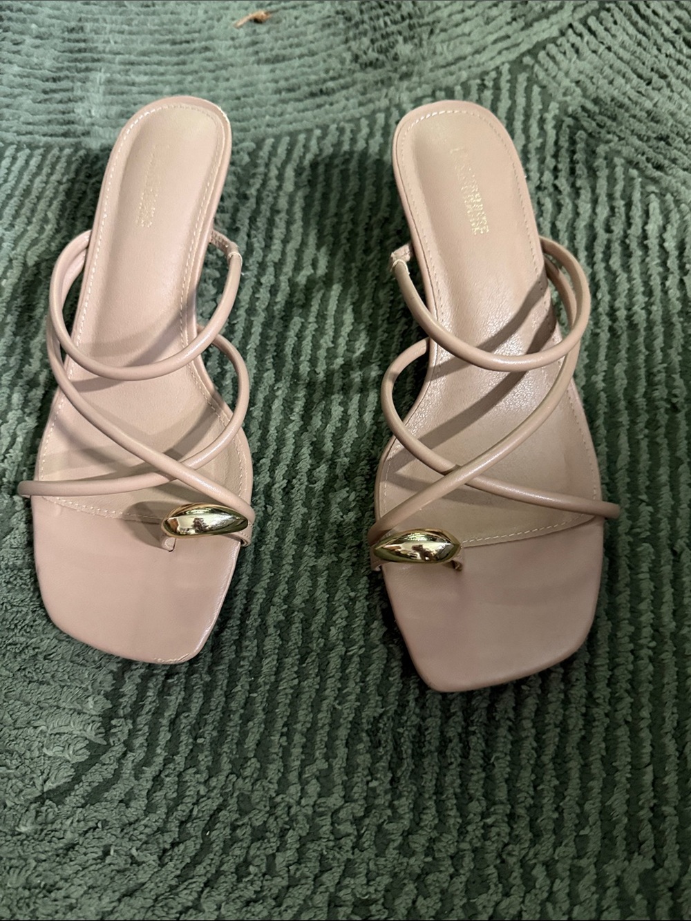 Women's Nude Strappy Square-Toe kitten Heels with Gold Accent